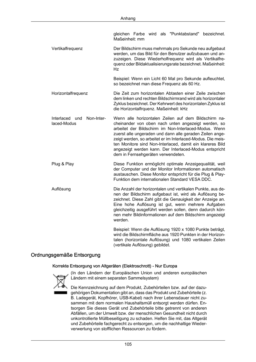 Samsung LH70BVPLBF/EN manual Ordnungsgemäße Entsorgung, Korrekte Entsorgung von Altgeräten Elektroschrott Nur Europa 