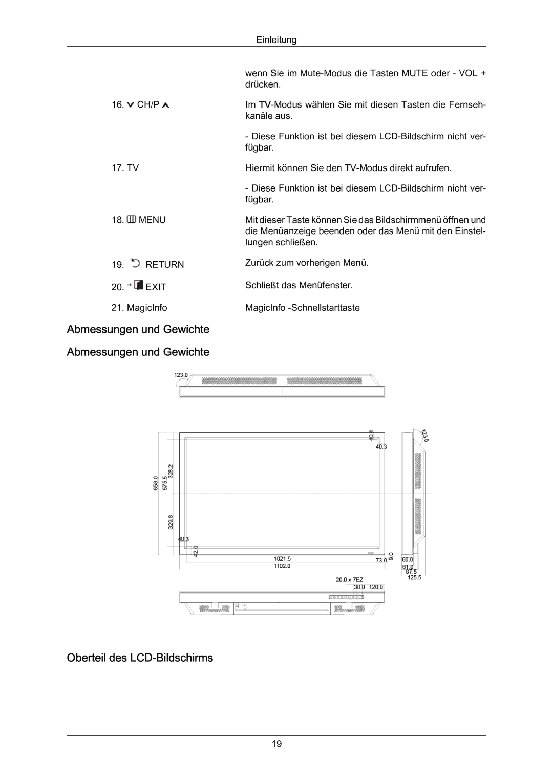 Samsung LH70BVPLBF/EN, LH70BVTLBF/EN, LH70BVSLBF/EN manual Abmessungen und Gewichte Oberteil des LCD-Bildschirms, Ch/P 