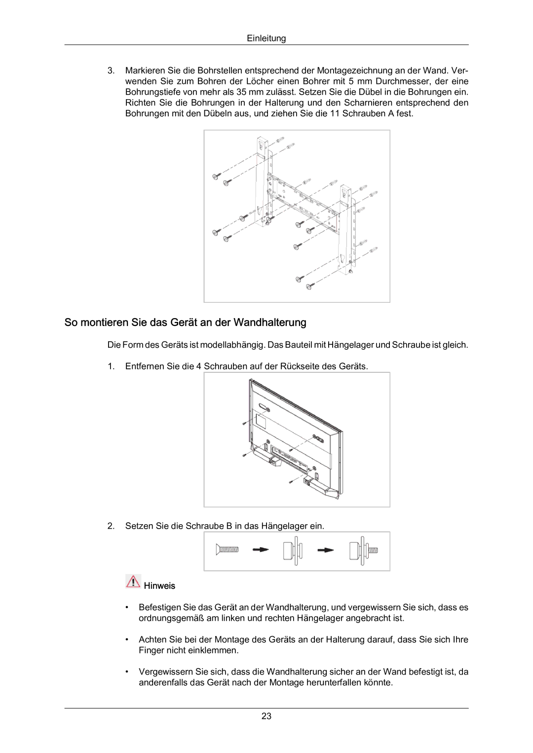 Samsung LH70BVTLBF/EN, LH70BVSLBF/EN, LH70BVPLBF/EN manual So montieren Sie das Gerät an der Wandhalterung 