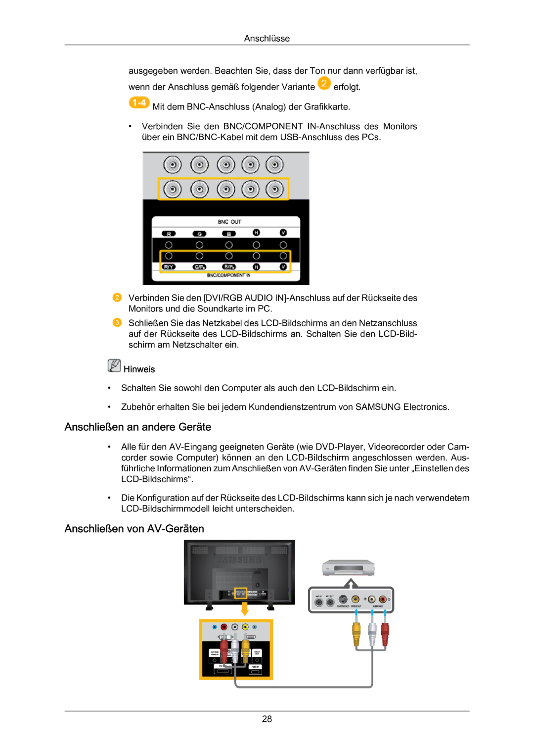 Samsung LH70BVPLBF/EN, LH70BVTLBF/EN, LH70BVSLBF/EN manual Anschließen an andere Geräte, Anschließen von AV-Geräten 