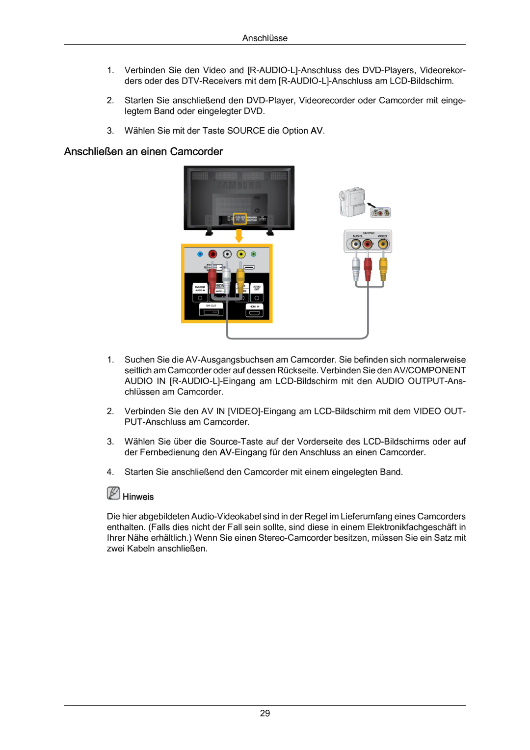 Samsung LH70BVTLBF/EN, LH70BVSLBF/EN, LH70BVPLBF/EN manual Anschließen an einen Camcorder 