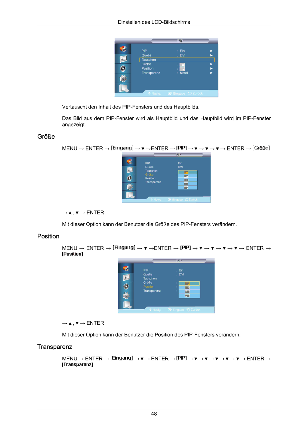 Samsung LH70BVPLBF/EN, LH70BVTLBF/EN, LH70BVSLBF/EN manual Größe, Position, Transparenz 