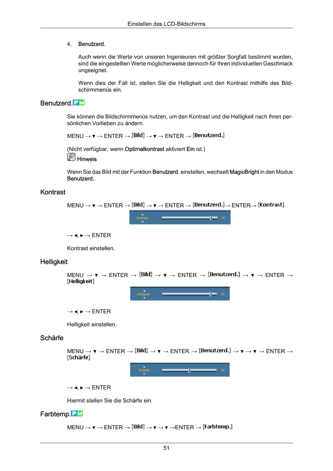 Samsung LH70BVPLBF/EN, LH70BVTLBF/EN, LH70BVSLBF/EN manual Benutzerd, Kontrast, Helligkeit, Schärfe, Farbtemp 