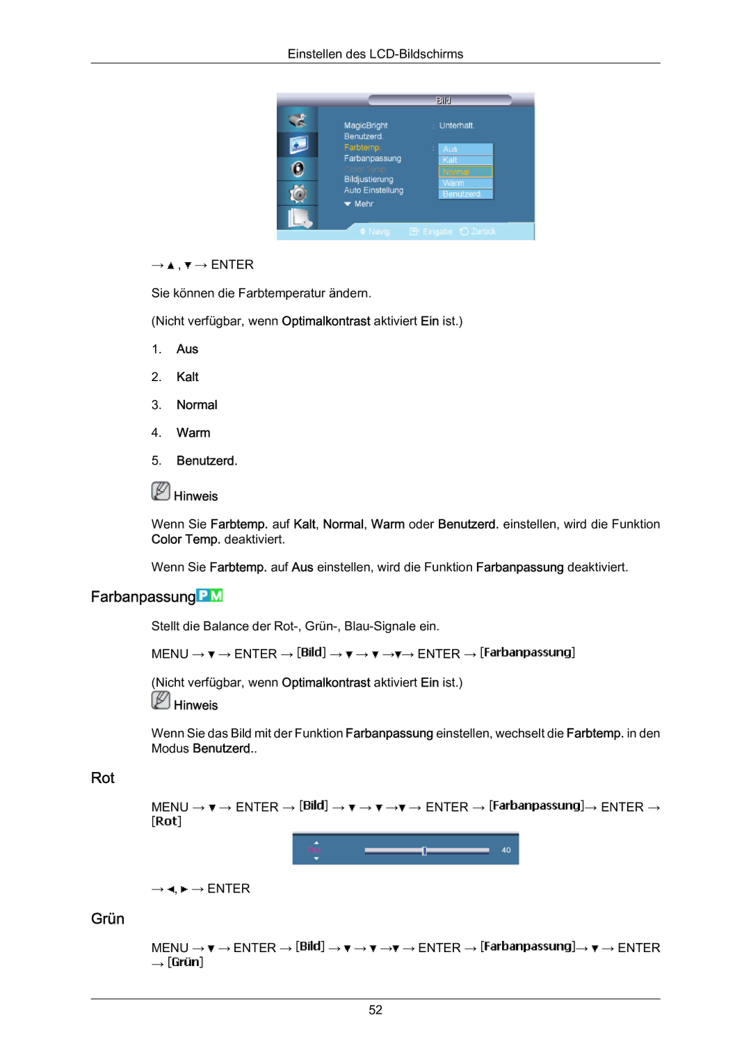 Samsung LH70BVTLBF/EN, LH70BVSLBF/EN, LH70BVPLBF/EN manual Farbanpassung, Rot, Grün, Aus Kalt Normal Warm Benutzerd Hinweis 