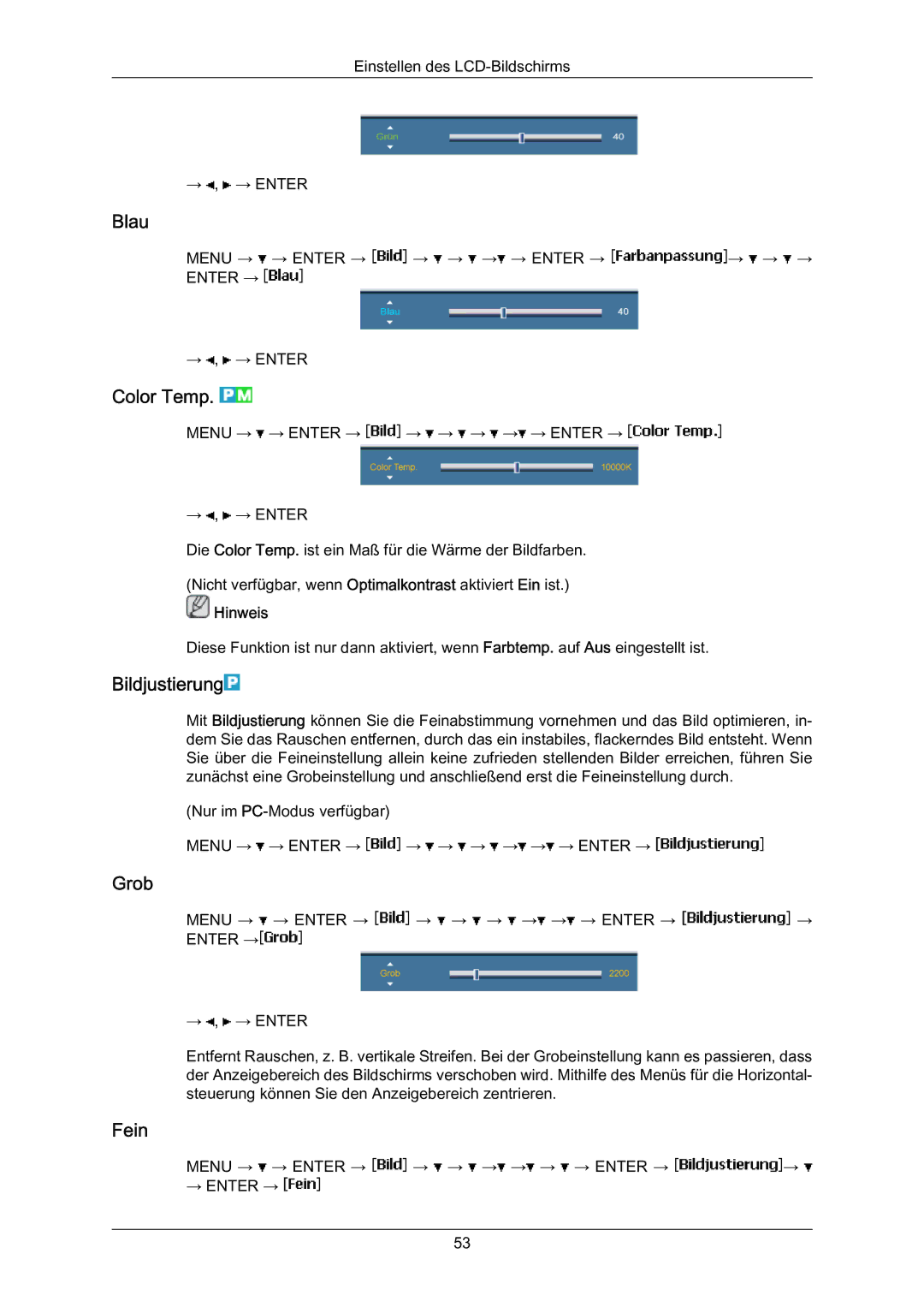 Samsung LH70BVSLBF/EN, LH70BVTLBF/EN, LH70BVPLBF/EN manual Blau, Color Temp, Bildjustierung, Grob, Fein 
