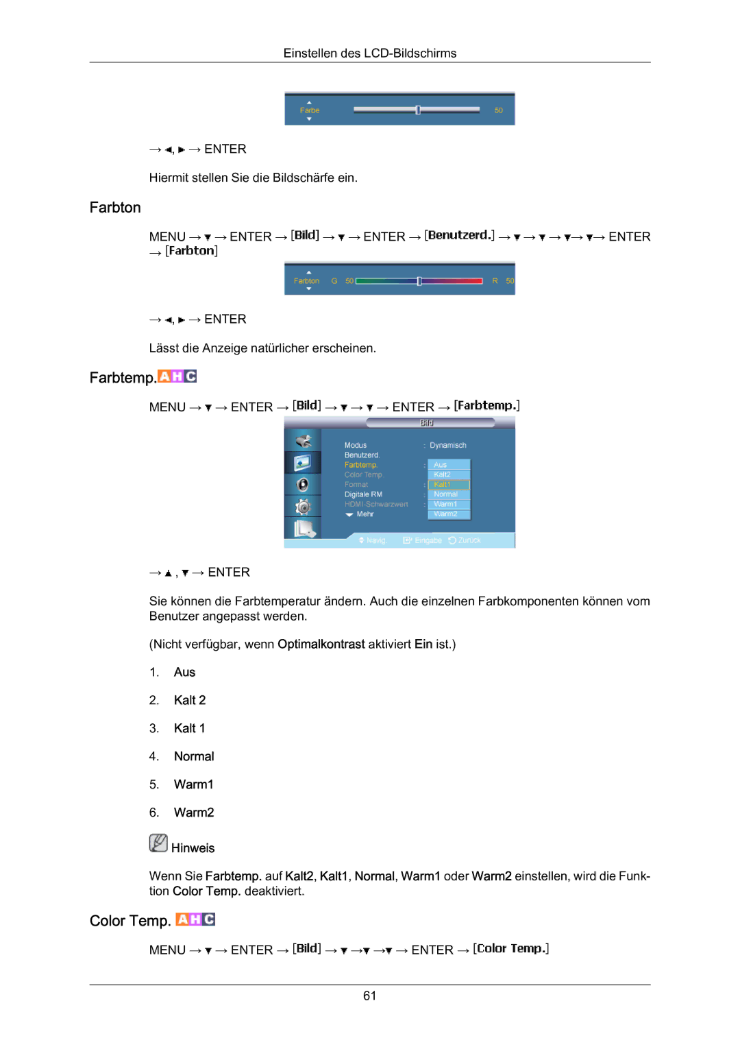 Samsung LH70BVTLBF/EN, LH70BVSLBF/EN, LH70BVPLBF/EN manual Farbton, Aus Kalt Normal Warm1 Warm2 Hinweis 