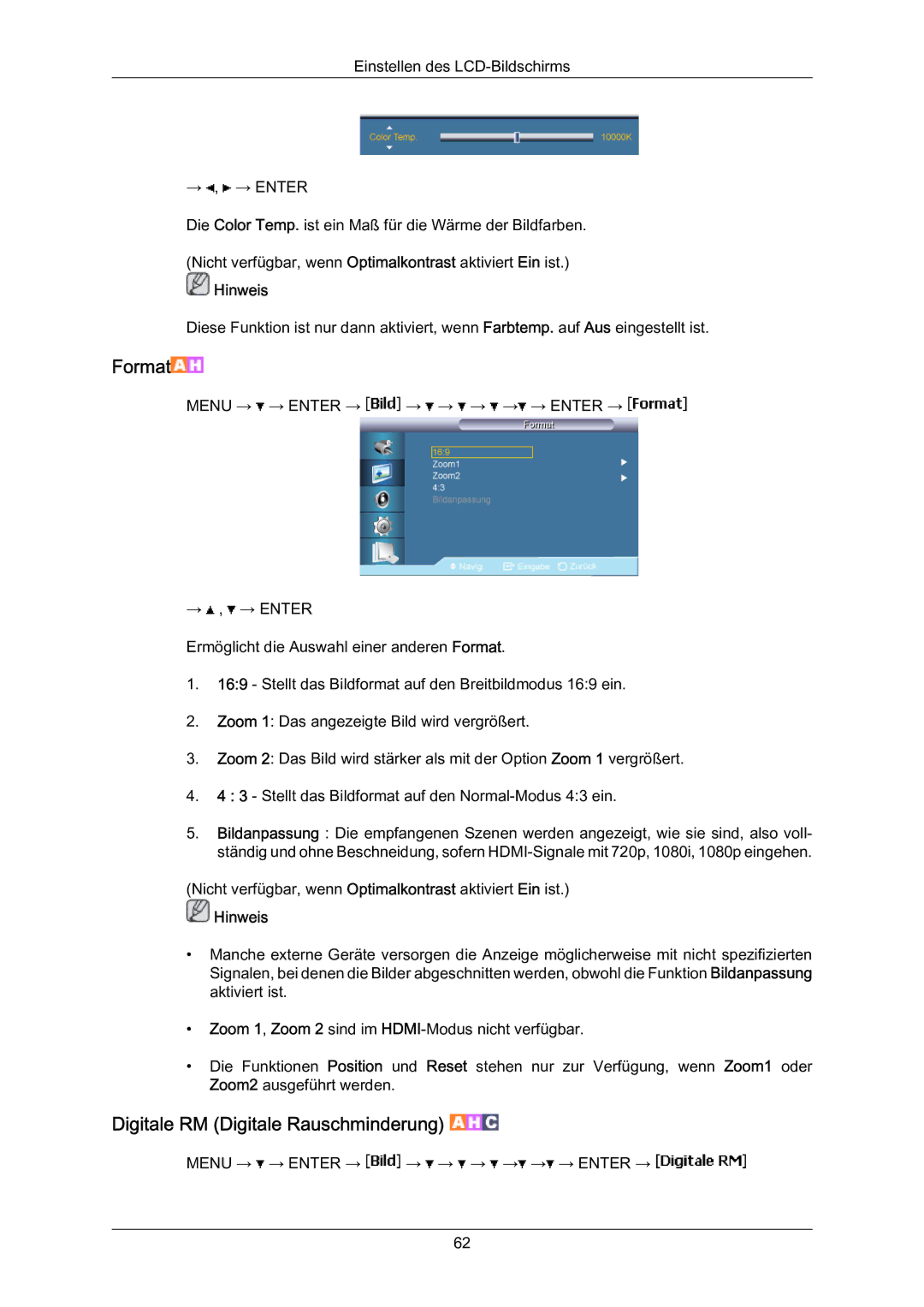 Samsung LH70BVSLBF/EN, LH70BVTLBF/EN, LH70BVPLBF/EN manual Format, Digitale RM Digitale Rauschminderung 