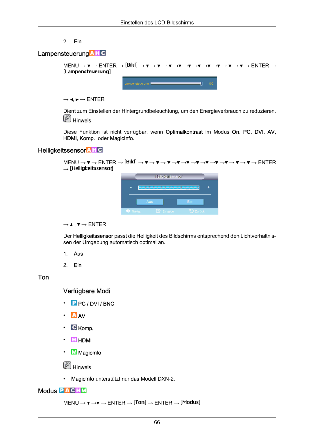 Samsung LH70BVPLBF/EN, LH70BVTLBF/EN, LH70BVSLBF/EN manual Lampensteuerung, Ton Verfügbare Modi 