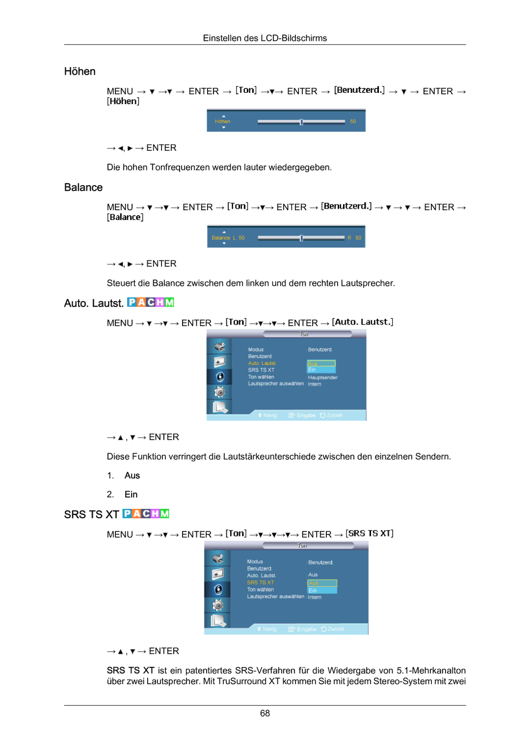 Samsung LH70BVSLBF/EN, LH70BVTLBF/EN, LH70BVPLBF/EN manual Höhen, Balance, Auto. Lautst 