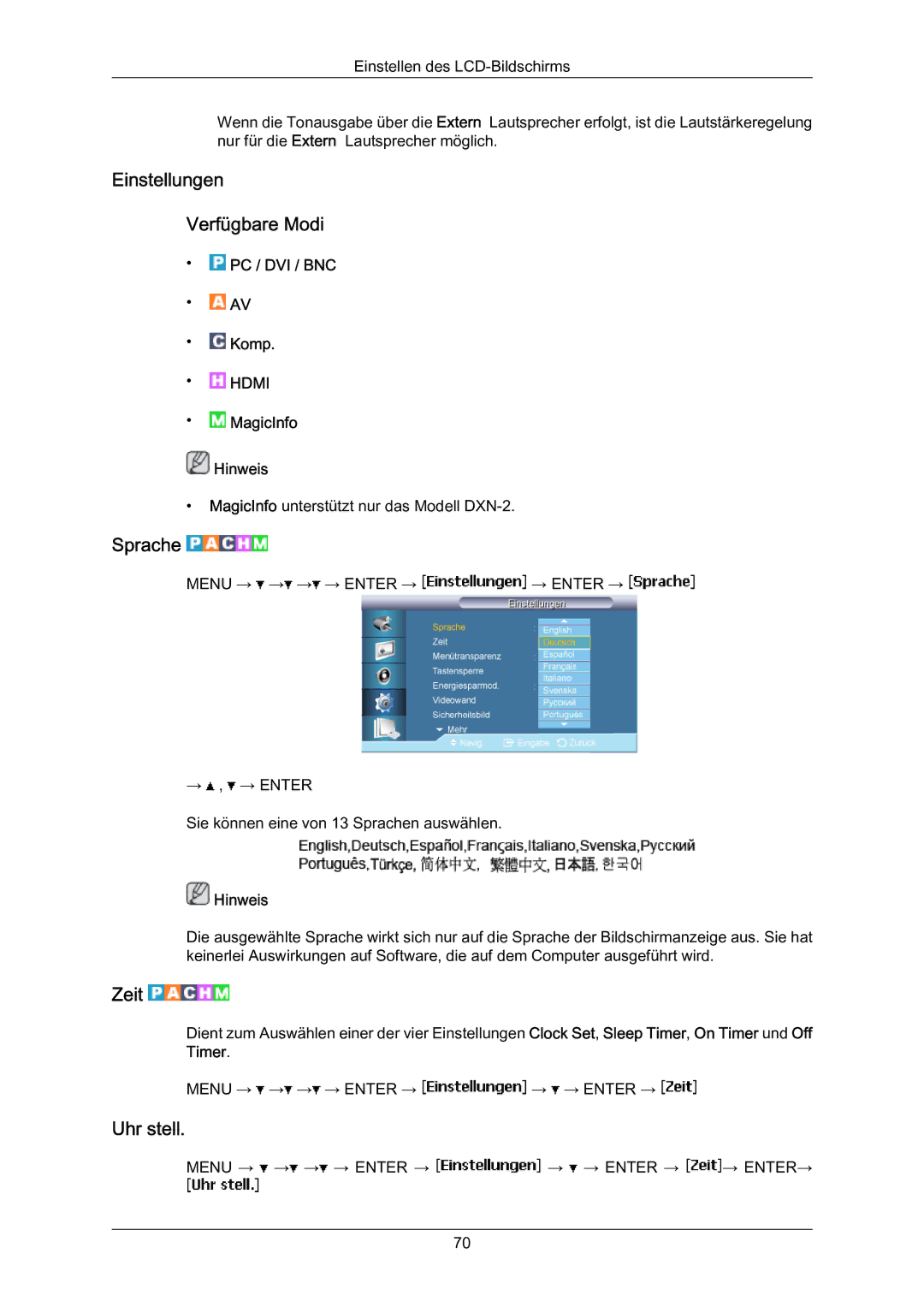 Samsung LH70BVTLBF/EN, LH70BVSLBF/EN, LH70BVPLBF/EN manual Einstellungen Verfügbare Modi, Sprache, Zeit, Uhr stell 