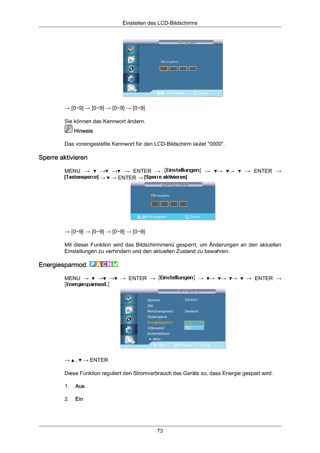 Samsung LH70BVTLBF/EN, LH70BVSLBF/EN, LH70BVPLBF/EN manual Sperre aktivieren, Energiesparmod 