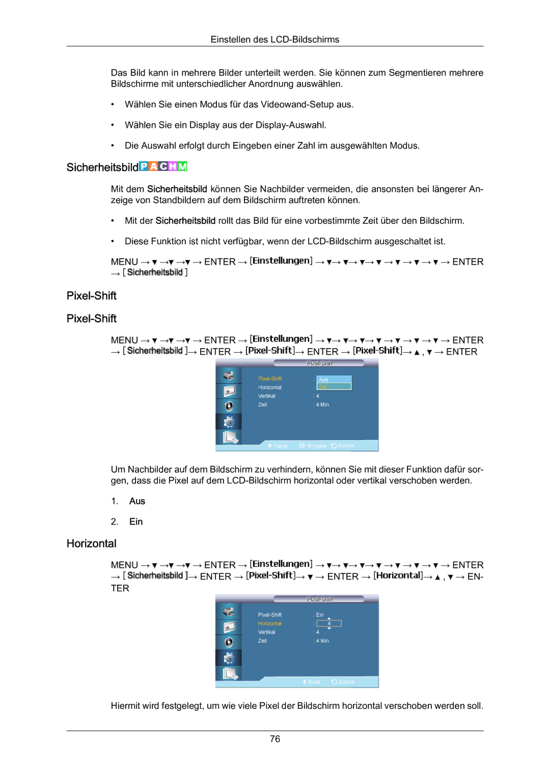 Samsung LH70BVTLBF/EN, LH70BVSLBF/EN, LH70BVPLBF/EN manual Sicherheitsbild, Pixel-Shift 