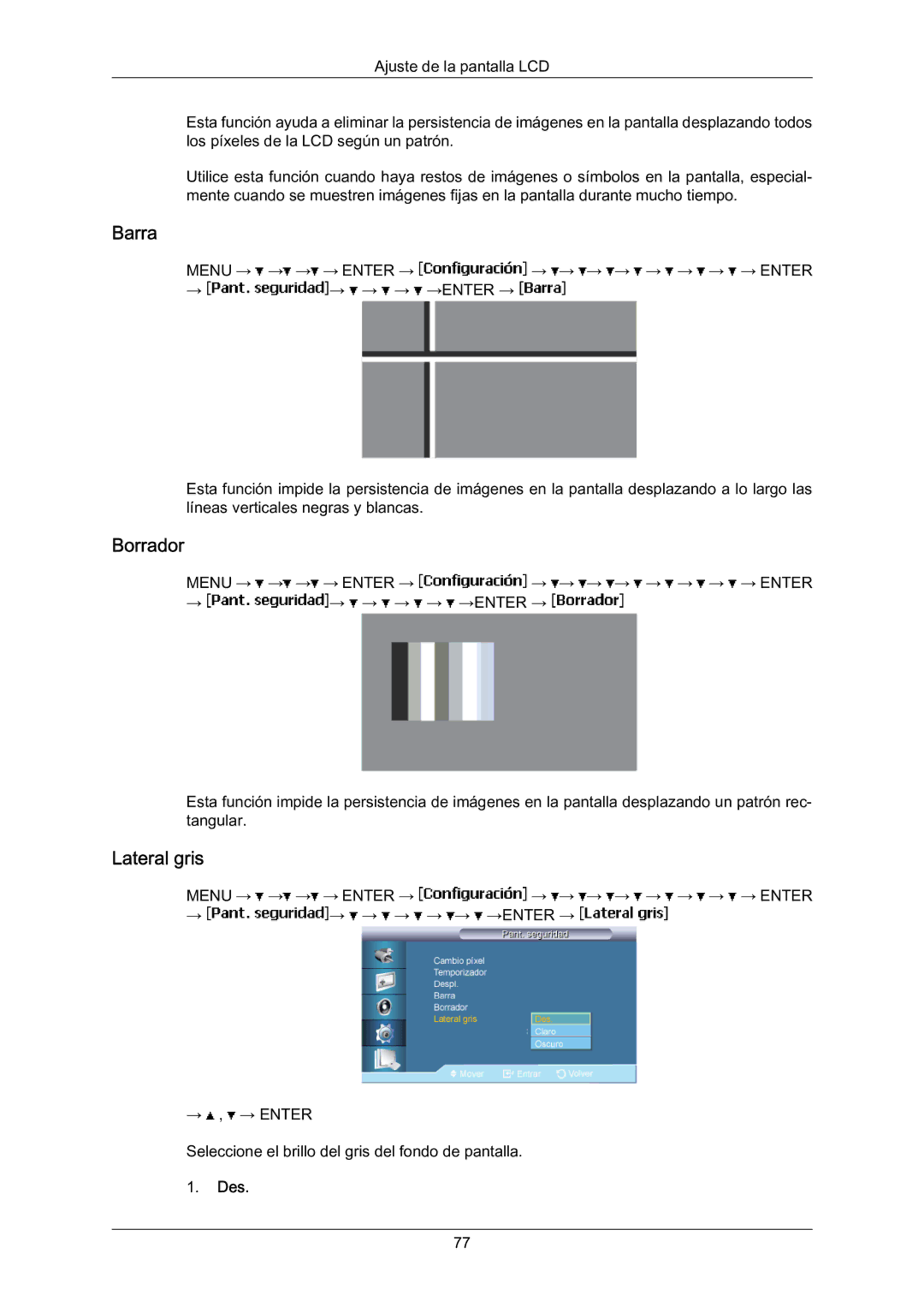 Samsung LH70BVSLBF/EN, LH70BVTLBF/EN, LH70BVPLBF/EN manual Barra, Borrador, Lateral gris 