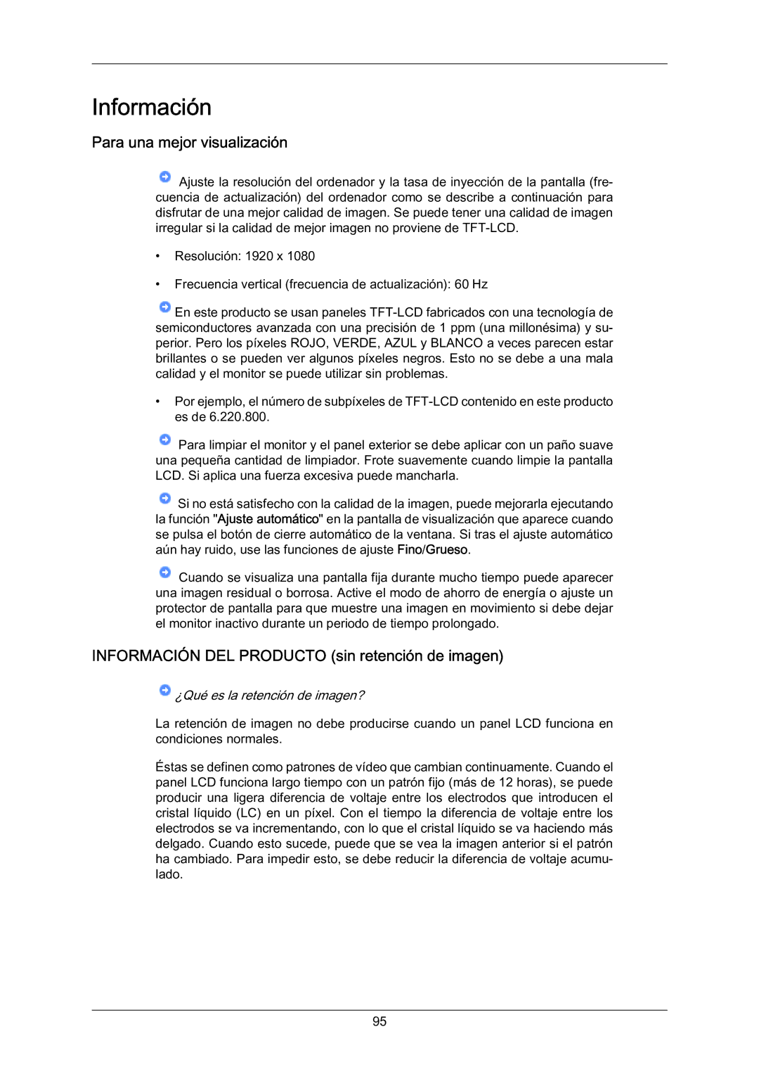 Samsung LH70BVSLBF/EN, LH70BVTLBF/EN manual Para una mejor visualización, Información DEL Producto sin retención de imagen 