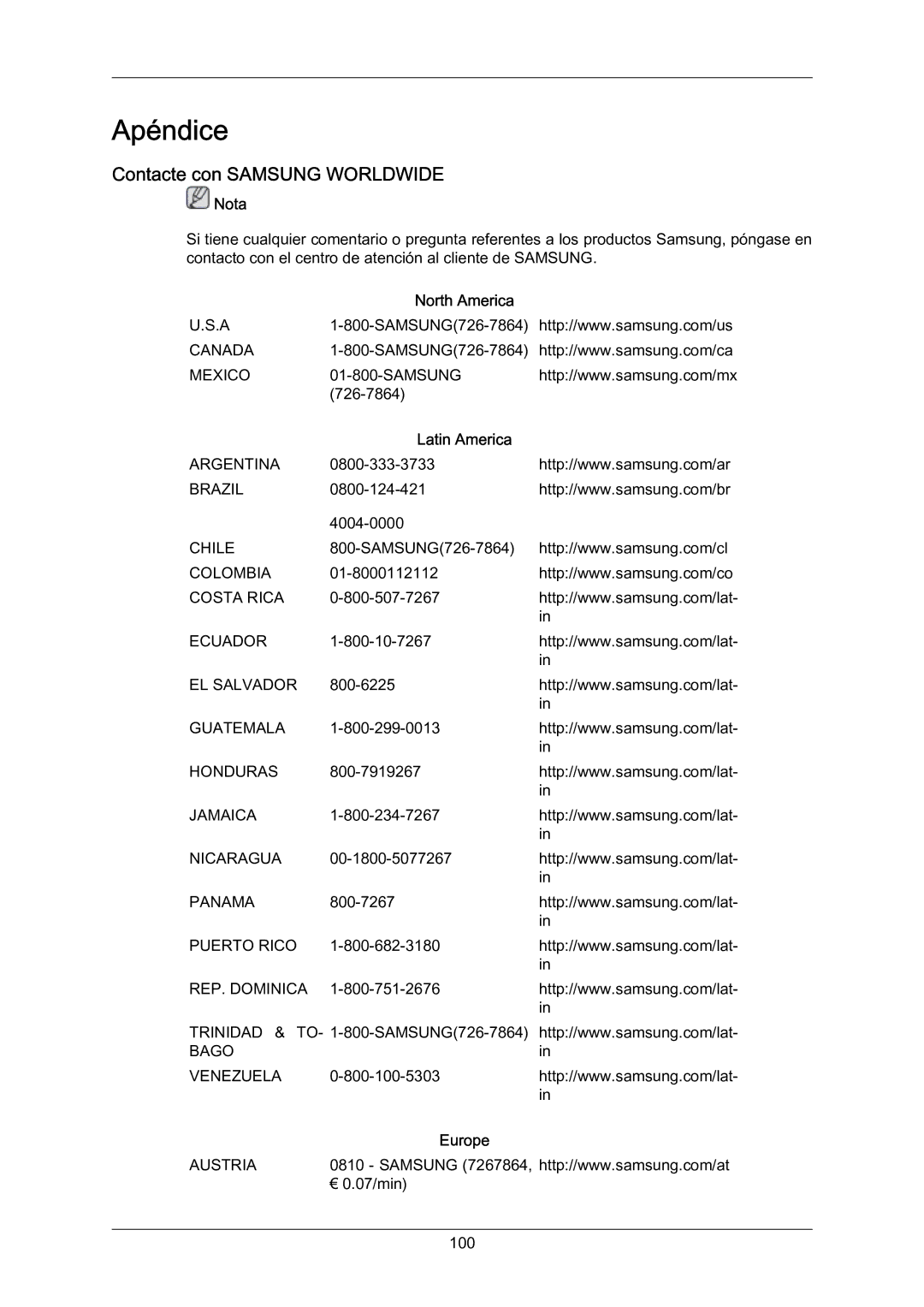 Samsung LH70BVTLBF/EN, LH70BVSLBF/EN, LH70BVPLBF/EN Contacte con Samsung Worldwide, North America, Latin America, Europe 