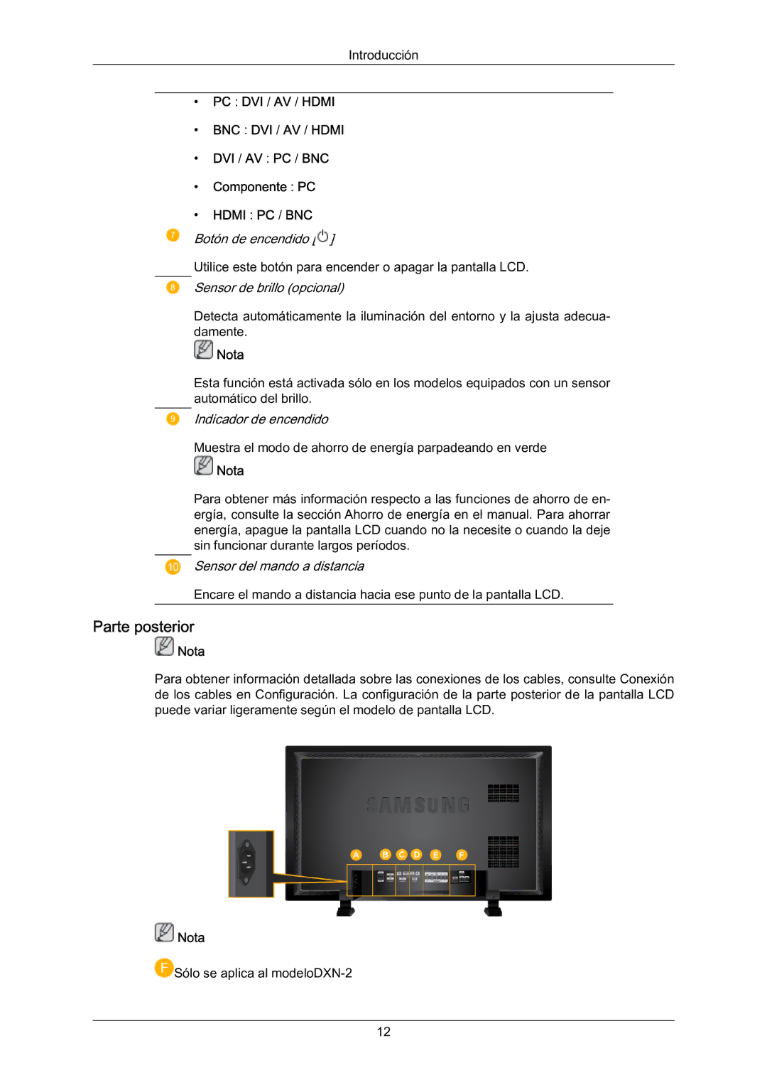 Samsung LH70BVSLBF/EN, LH70BVTLBF/EN, LH70BVPLBF/EN Parte posterior, PC DVI / AV / Hdmi, DVI / AV PC / BNC Componente PC 