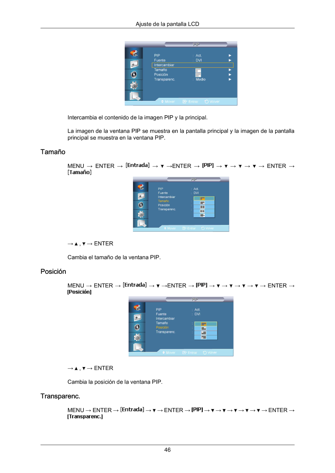 Samsung LH70BVTLBF/EN, LH70BVSLBF/EN, LH70BVPLBF/EN manual Tamaño, Posición, Transparenc 