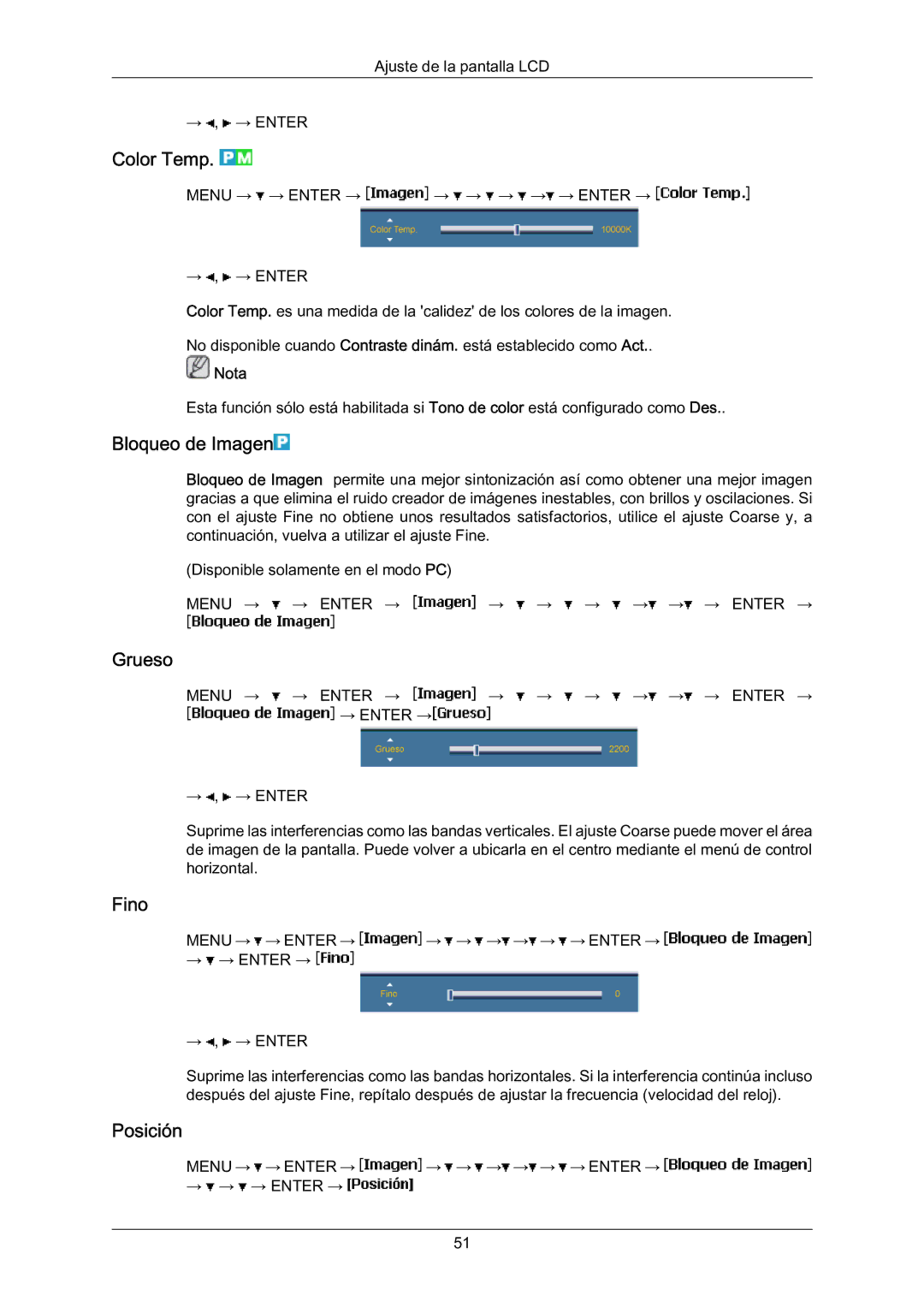 Samsung LH70BVPLBF/EN, LH70BVTLBF/EN, LH70BVSLBF/EN manual Color Temp, Bloqueo de Imagen, Grueso, Fino 