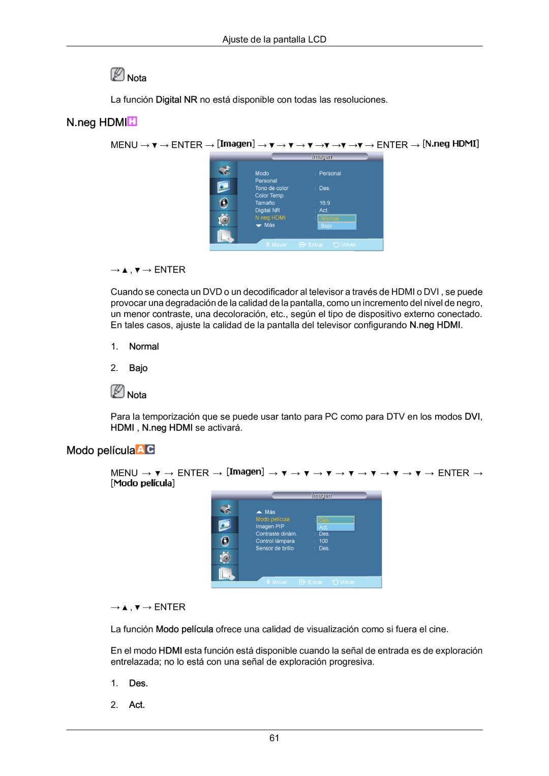 Samsung LH70BVTLBF/EN, LH70BVSLBF/EN, LH70BVPLBF/EN manual Modo película, Menu → → Enter → → → → → → → → Enter → → , → Enter 