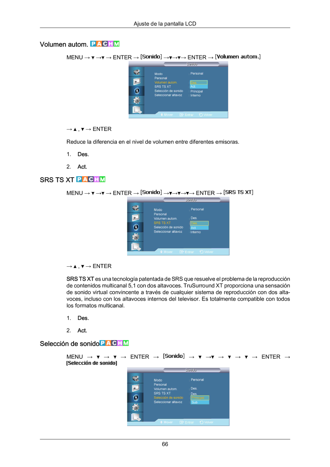 Samsung LH70BVPLBF/EN, LH70BVTLBF/EN, LH70BVSLBF/EN manual Volumen autom, Selección de sonido 