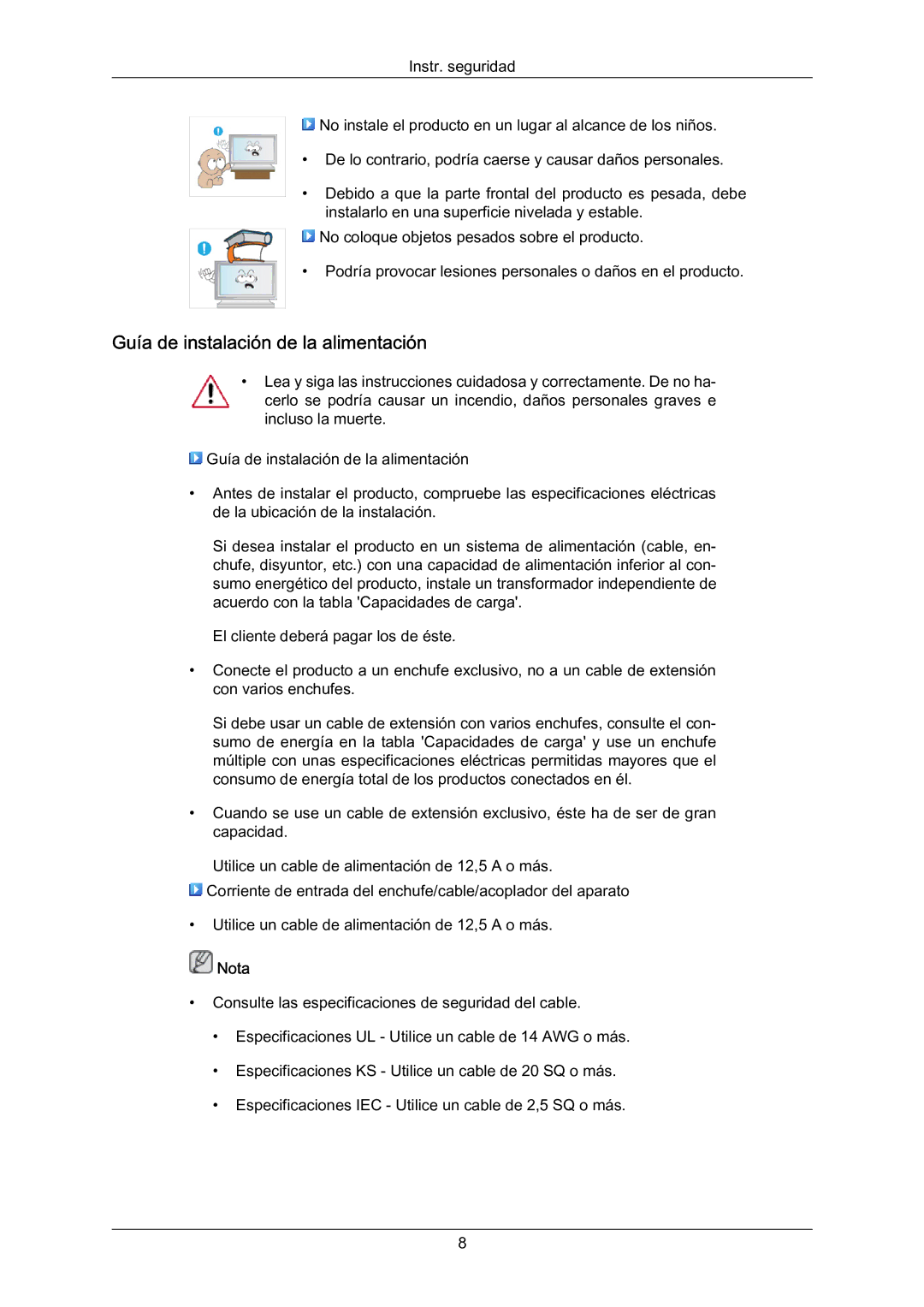 Samsung LH70BVTLBF/EN, LH70BVSLBF/EN, LH70BVPLBF/EN manual Guía de instalación de la alimentación, Nota 