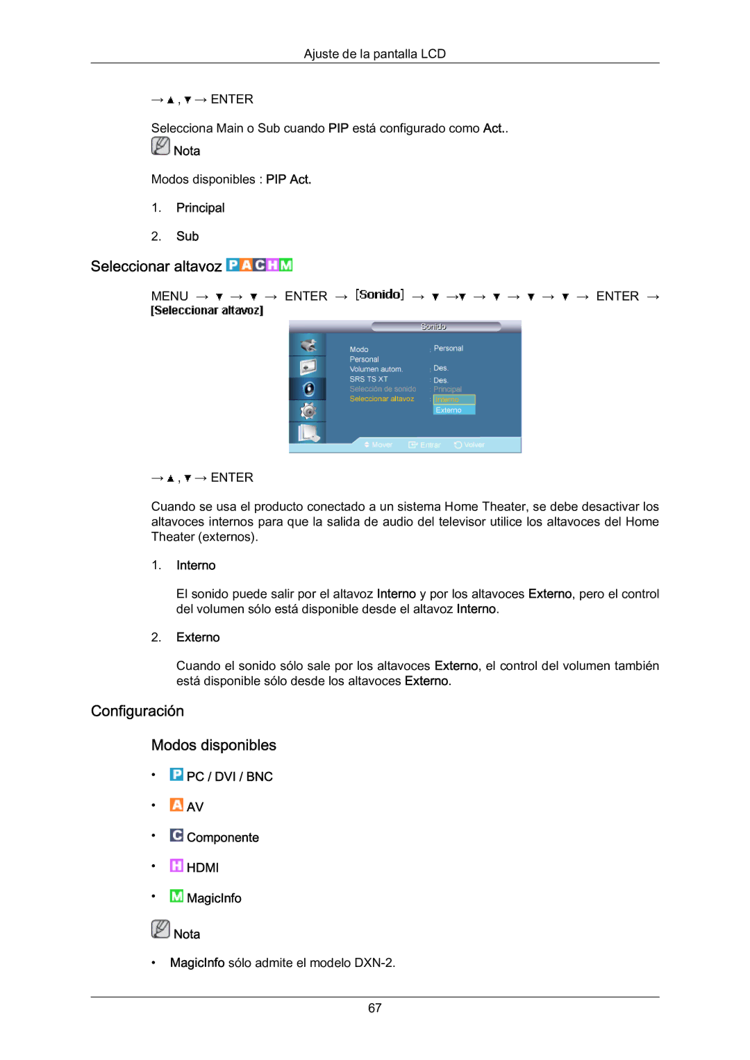 Samsung LH70BVTLBF/EN, LH70BVSLBF/EN Seleccionar altavoz, Configuración Modos disponibles, Principal Sub, Interno, Externo 