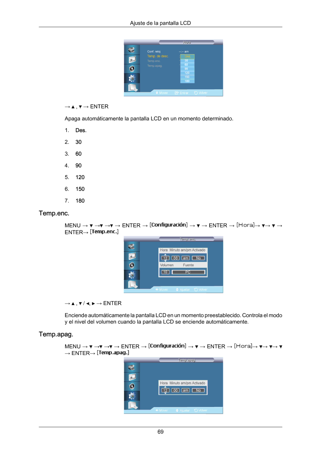 Samsung LH70BVPLBF/EN, LH70BVTLBF/EN, LH70BVSLBF/EN manual Temp.enc, Temp.apag, Des 