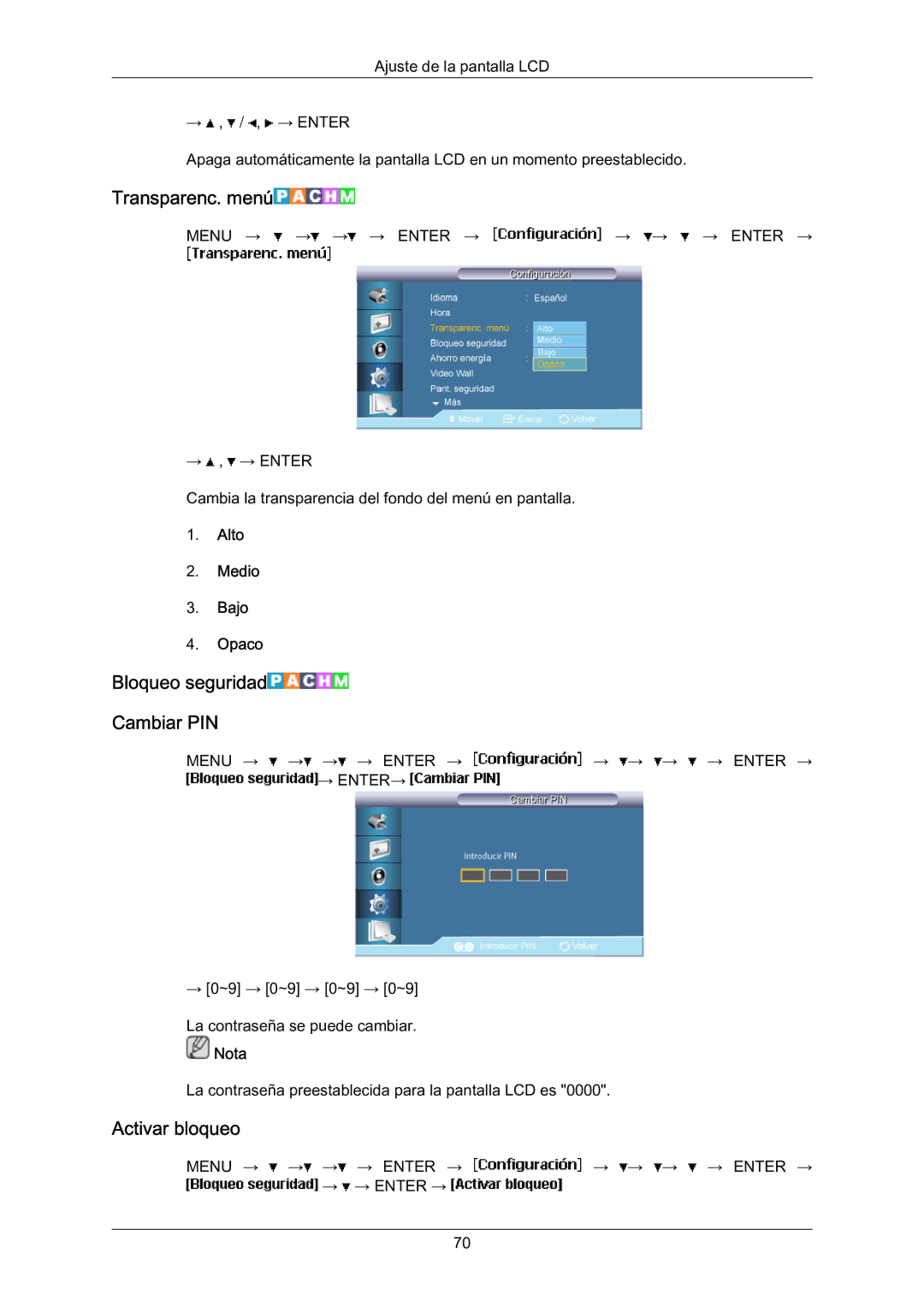 Samsung LH70BVTLBF/EN manual Transparenc. menú, Bloqueo seguridad Cambiar PIN, Activar bloqueo, Alto Medio Bajo Opaco 