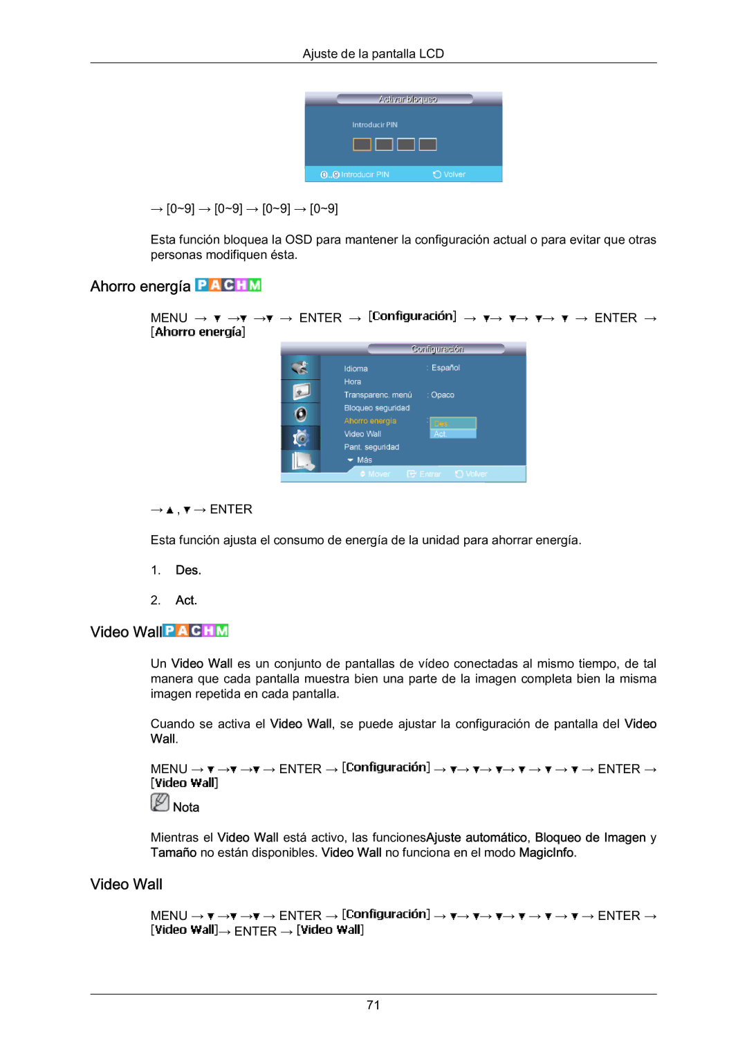 Samsung LH70BVSLBF/EN, LH70BVTLBF/EN, LH70BVPLBF/EN manual Ahorro energía, Video Wall 