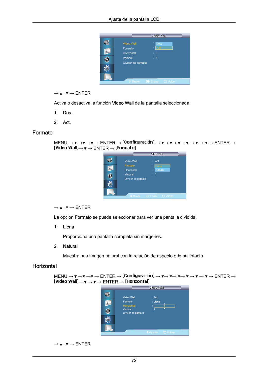 Samsung LH70BVPLBF/EN, LH70BVTLBF/EN, LH70BVSLBF/EN manual Formato, Horizontal, Llena, Natural 