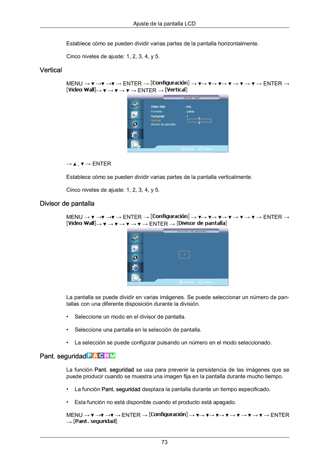 Samsung LH70BVTLBF/EN, LH70BVSLBF/EN, LH70BVPLBF/EN manual Vertical, Divisor de pantalla, Pant. seguridad 