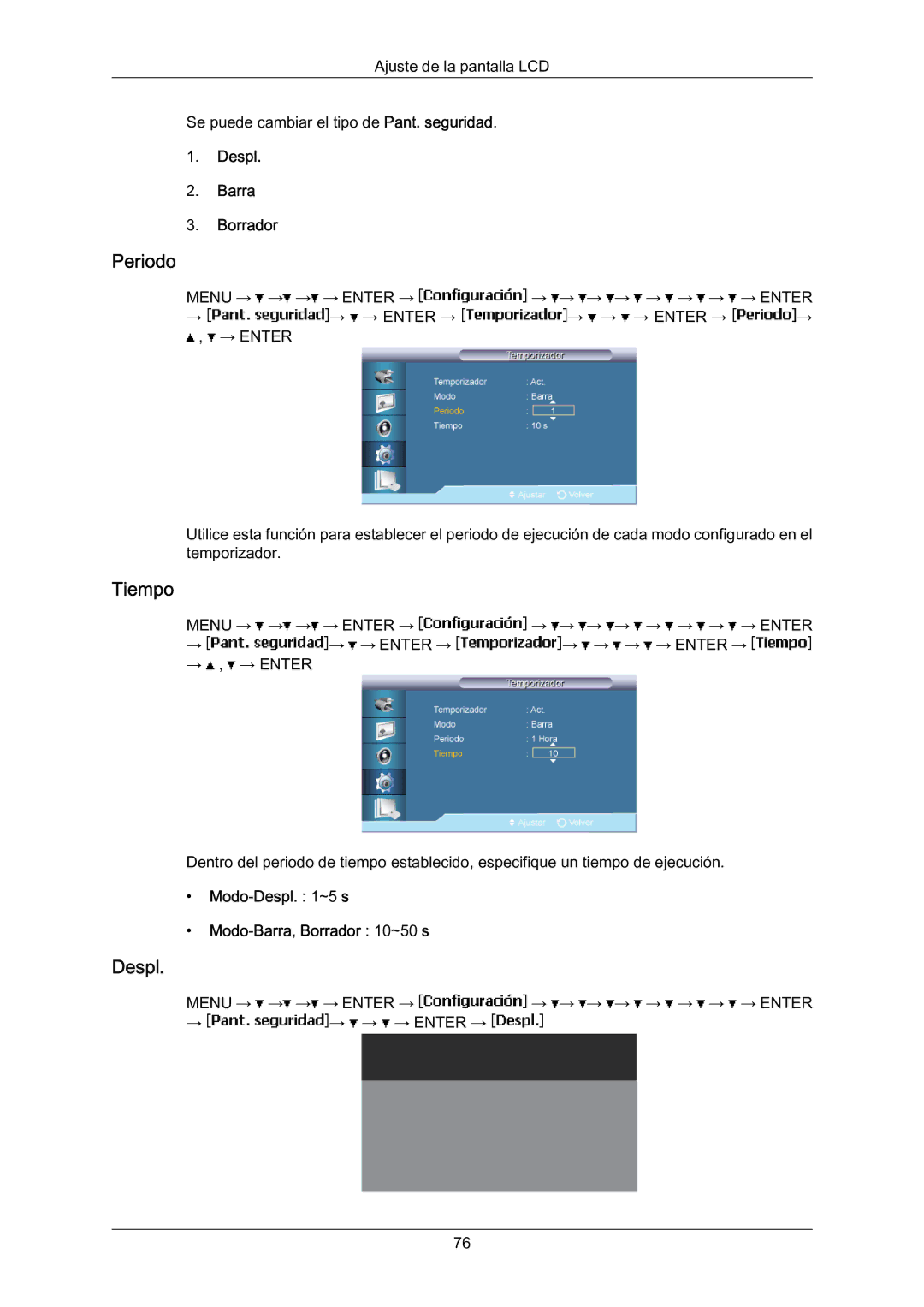 Samsung LH70BVTLBF/EN, LH70BVSLBF/EN manual Periodo, Despl Barra Borrador, Modo-Despl ~5 s Modo-Barra,Borrador 10~50 s 