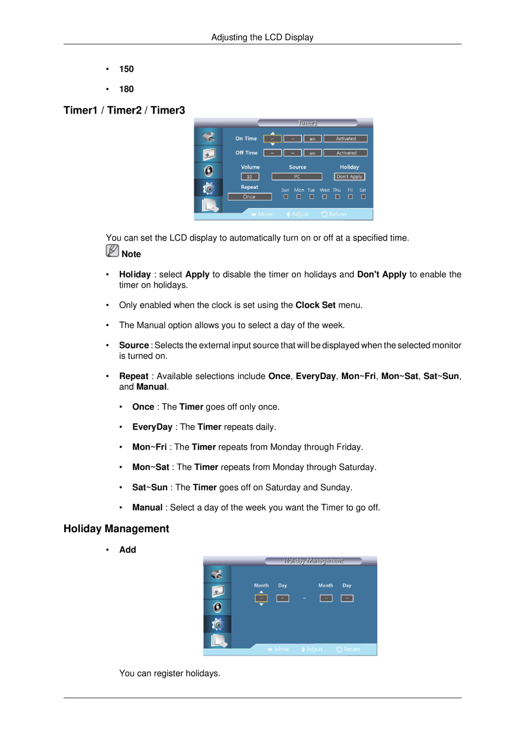 Samsung LH70CSBPLBC/EN, LH70CSBPLBC/XJ manual Timer1 / Timer2 / Timer3, Holiday Management, 150 180, Add 