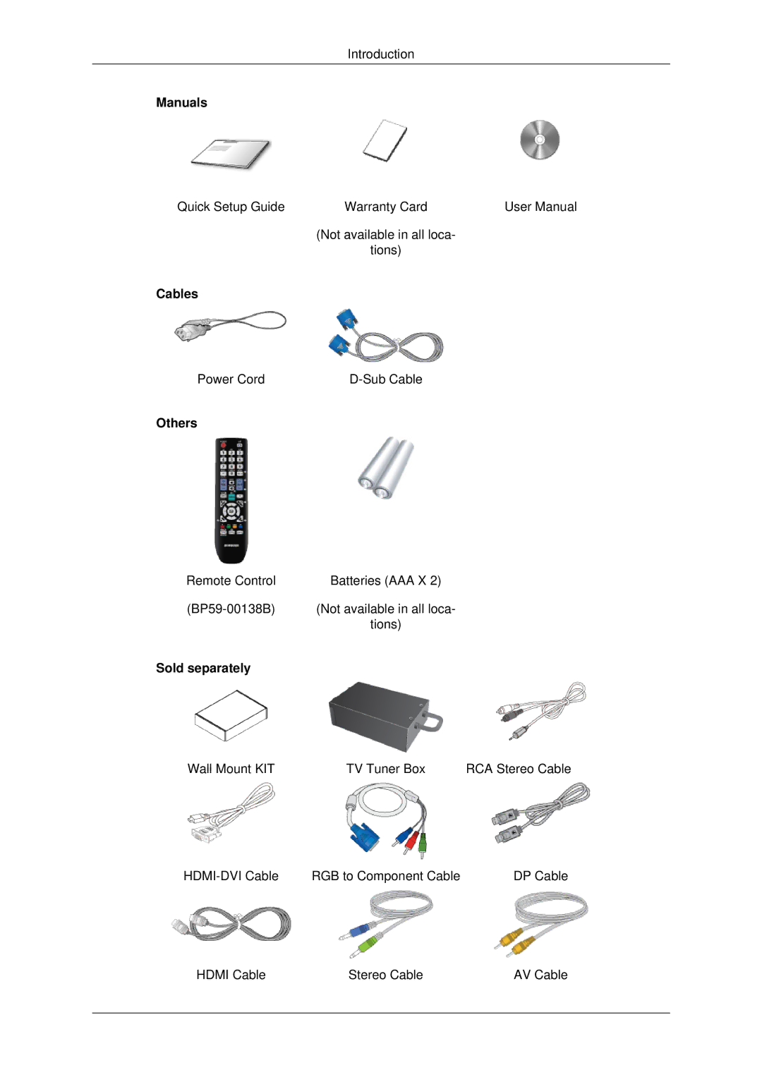 Samsung LH70CSBPLBC/XJ, LH70CSBPLBC/EN manual Manuals, Cables, Others, Sold separately 