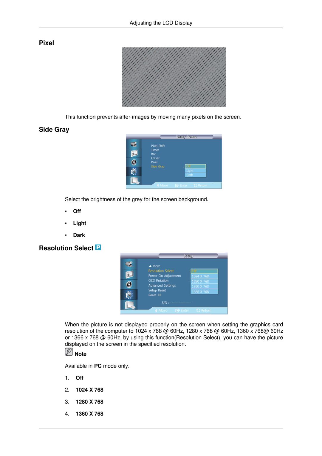 Samsung LH70CSBPLBC/EN, LH70CSBPLBC/XJ manual Pixel, Side Gray, Resolution Select, Off Light Dark, Off 1024 X 1280 X 1360 X 