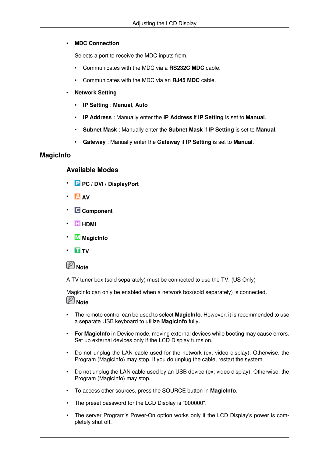 Samsung LH70CSBPLBC/EN, LH70CSBPLBC/XJ manual MagicInfo Available Modes, MDC Connection 