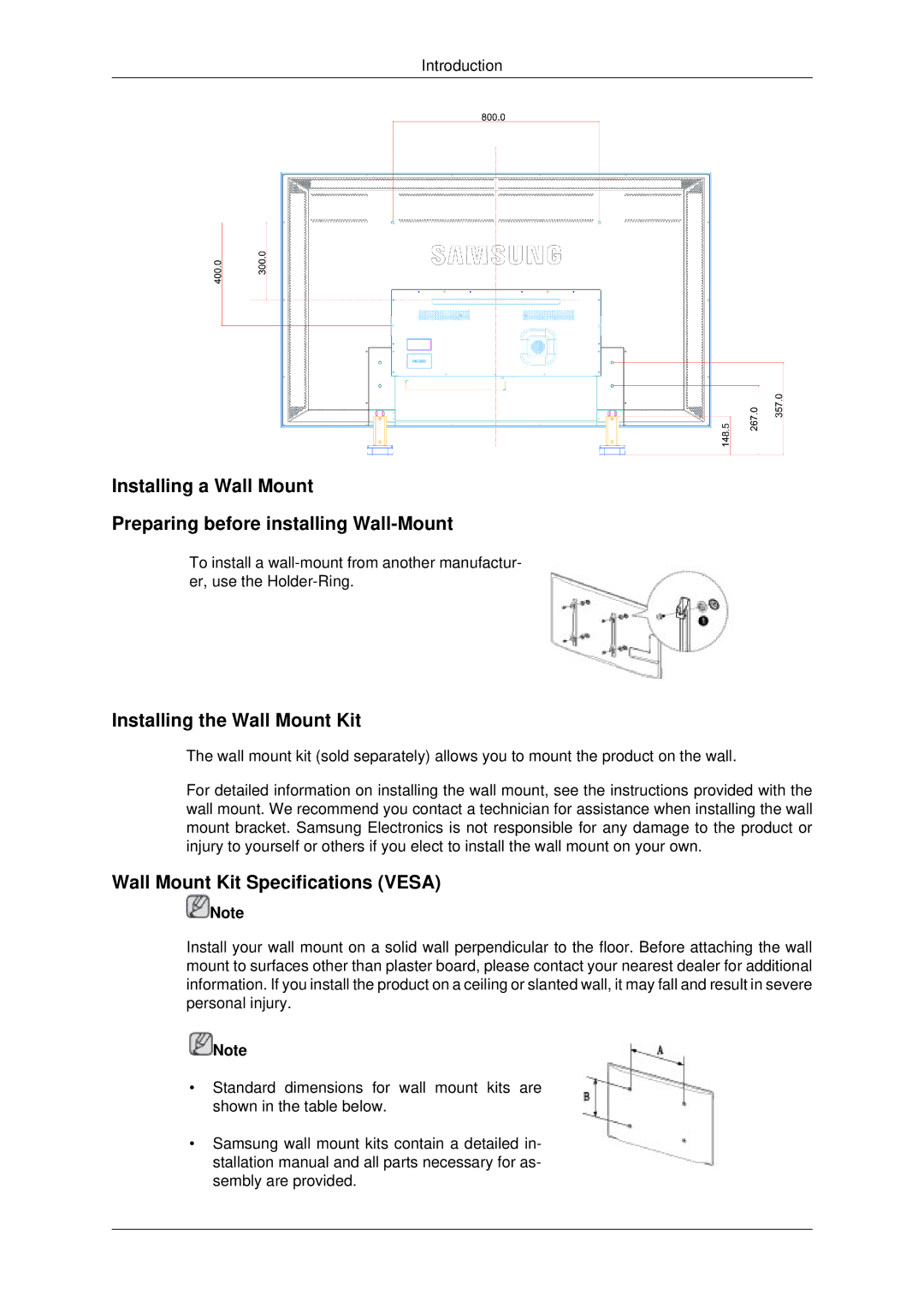 Samsung LH70CSBPLBC/XJ, LH70CSBPLBC/EN manual Installing the Wall Mount Kit, Wall Mount Kit Specifications Vesa 