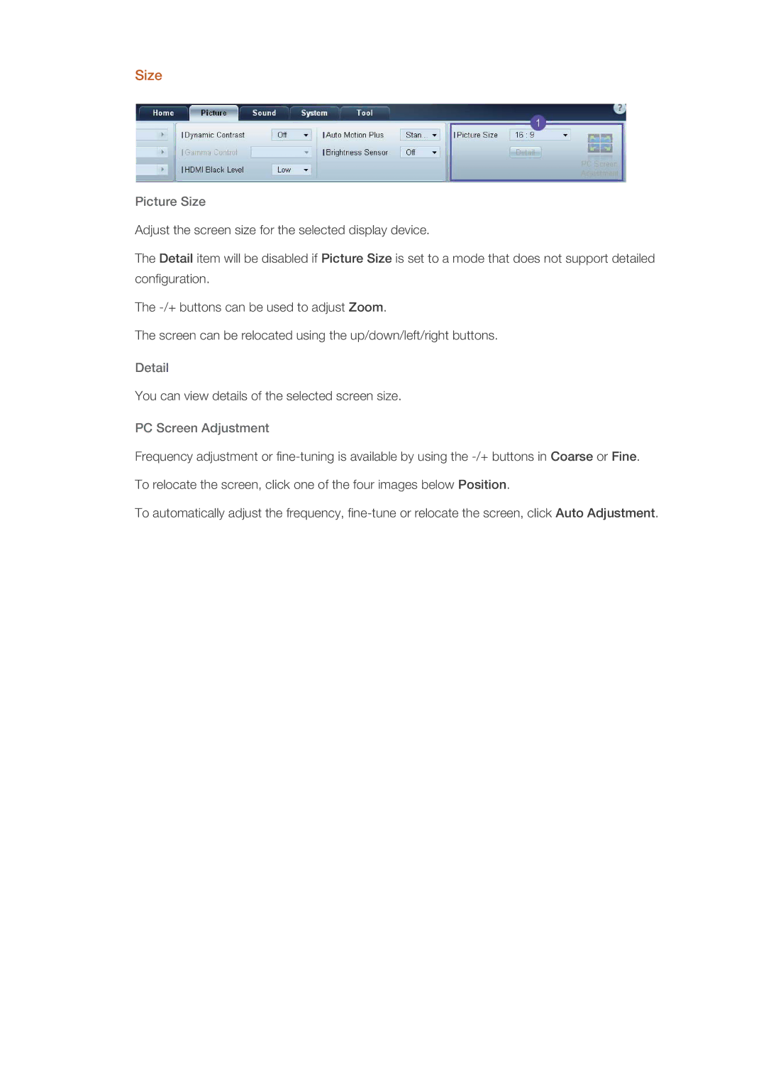 Samsung LH70CSBPLBC/XJ, LH70CSBPLBC/EN manual Picture Size, Detail, PC Screen Adjustment 