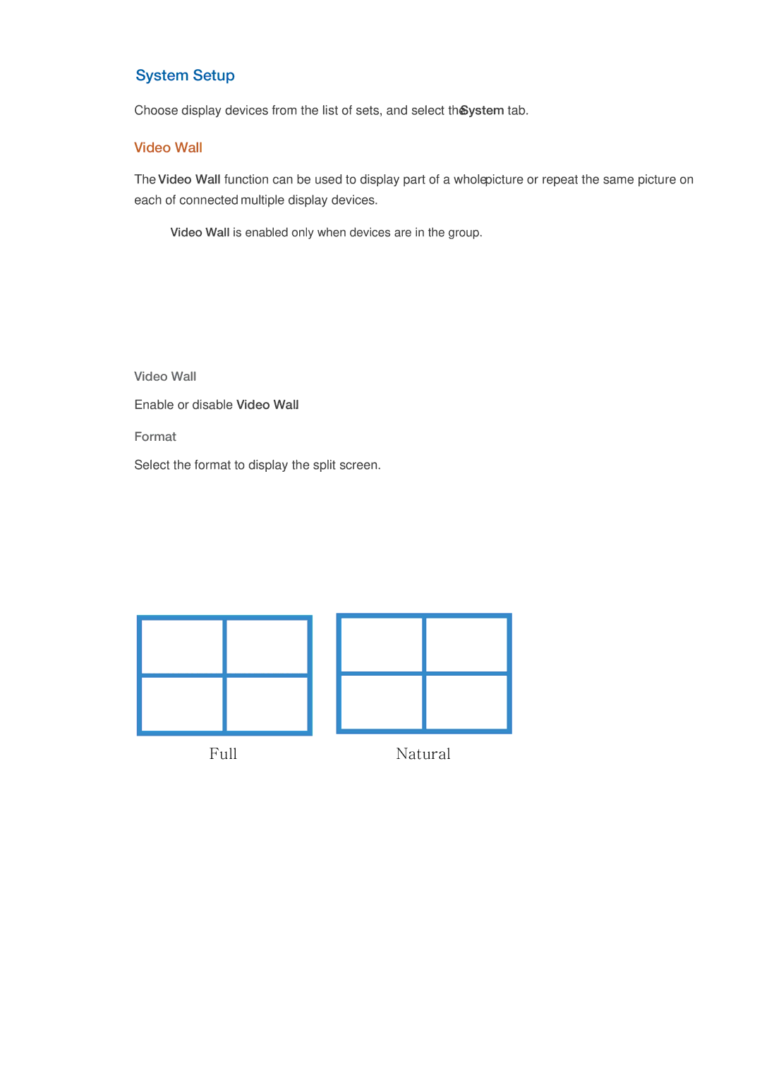 Samsung LH70CSBPLBC/XJ, LH70CSBPLBC/EN manual System Setup, Video Wall, Format 