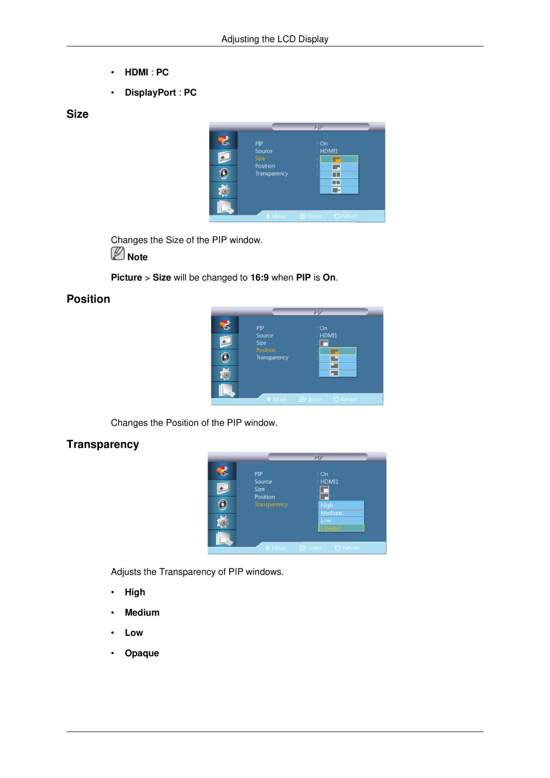 Samsung LH70CSBPLBC/EN, LH70CSBPLBC/XJ manual Size, Position, Transparency, DisplayPort PC, High Medium Low Opaque 