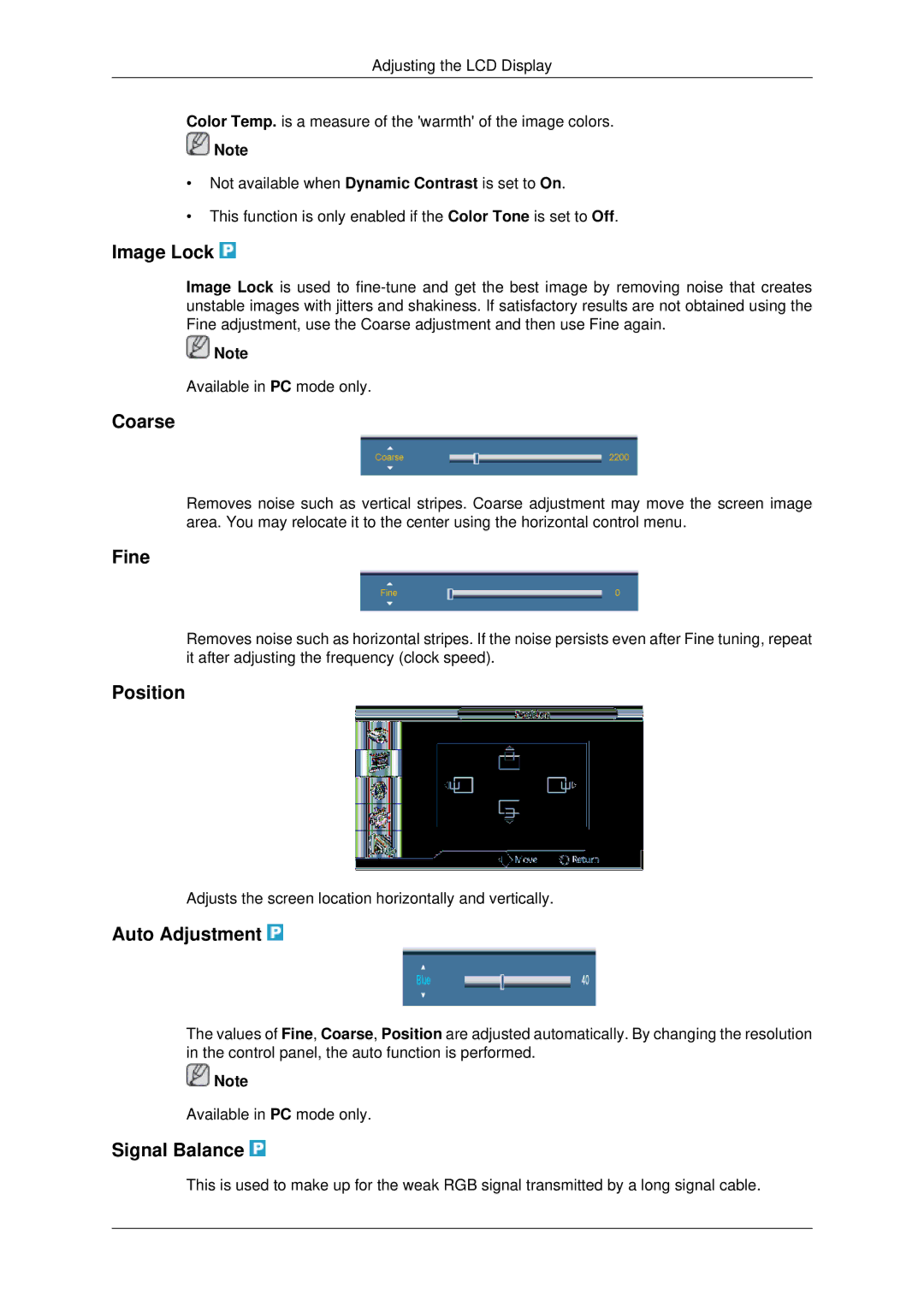 Samsung LH70CSBPLBC/EN, LH70CSBPLBC/XJ manual Image Lock, Coarse, Fine, Auto Adjustment, Signal Balance 