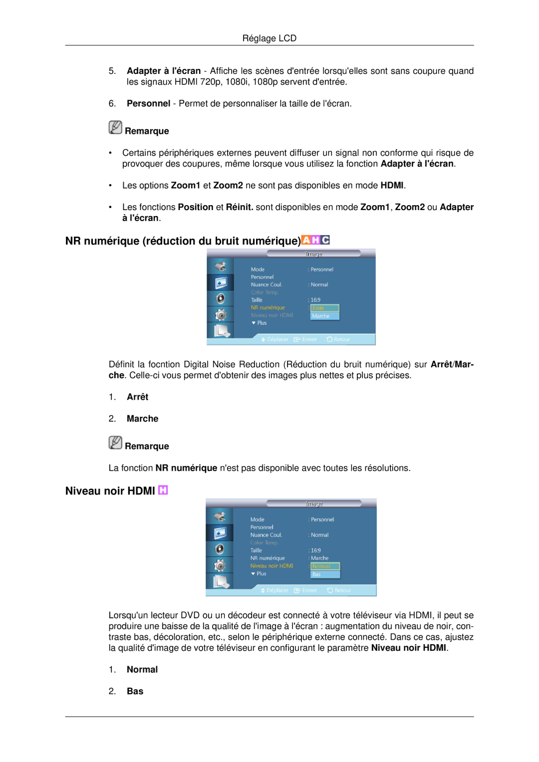 Samsung LH70CSBPLBC/EN manual NR numérique réduction du bruit numérique, Niveau noir Hdmi, Normal Bas 