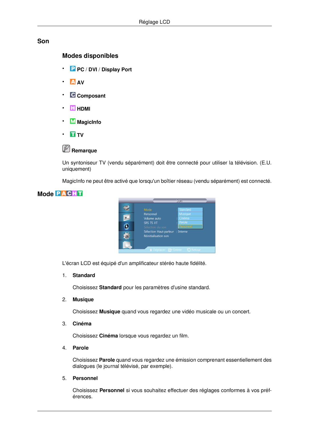 Samsung LH70CSBPLBC/EN manual Son Modes disponibles, Standard, Musique, Parole 