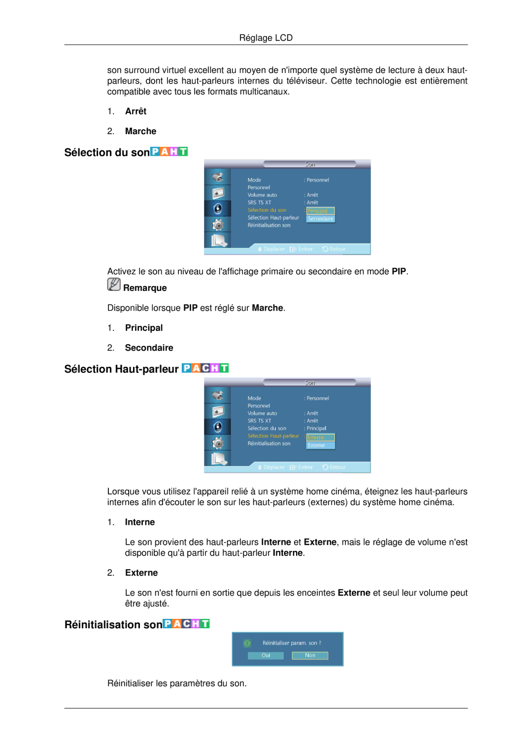 Samsung LH70CSBPLBC/EN manual Sélection du son, Sélection Haut-parleur, Réinitialisation son 