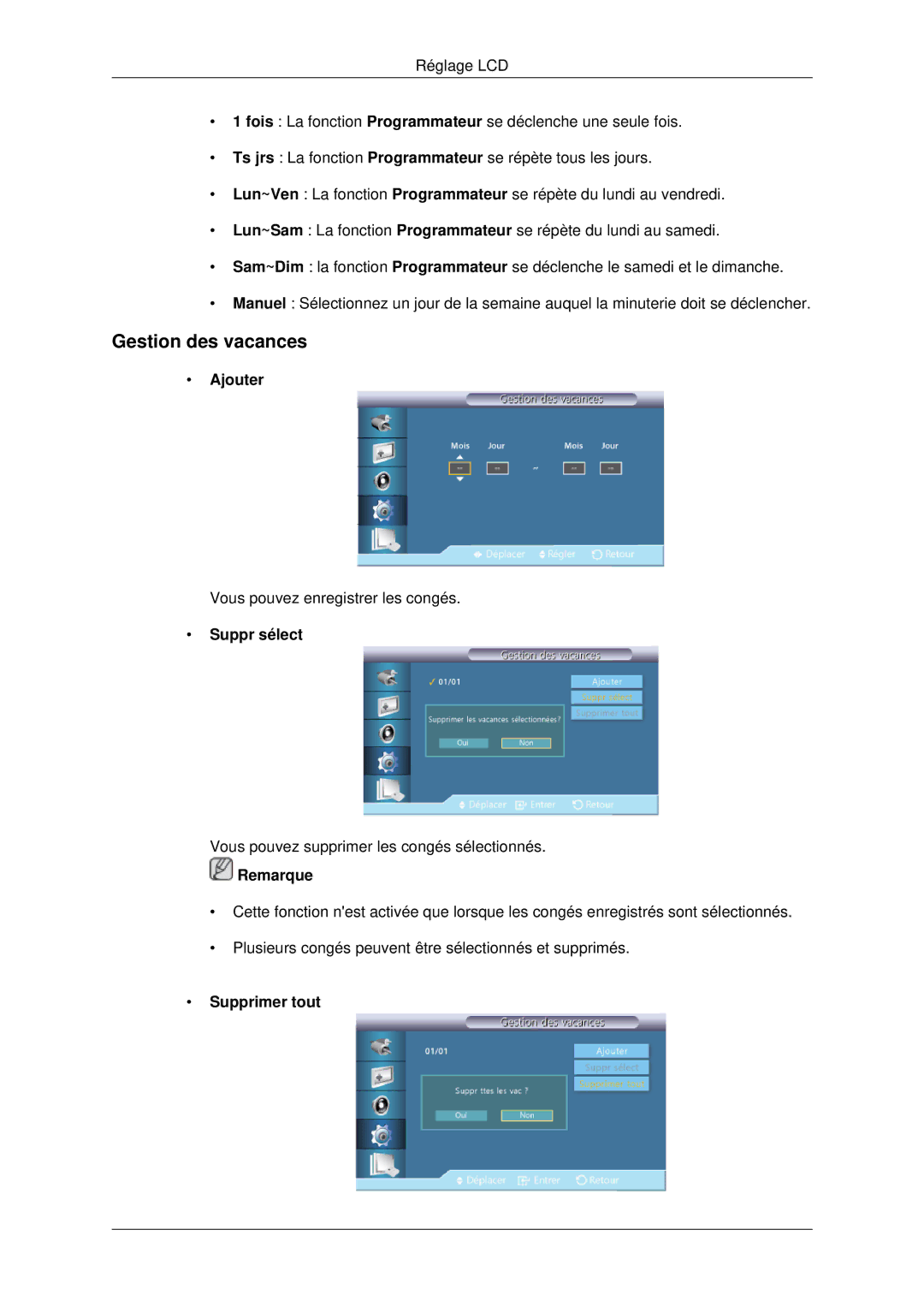 Samsung LH70CSBPLBC/EN manual Gestion des vacances, Ajouter, Suppr sélect, Supprimer tout 