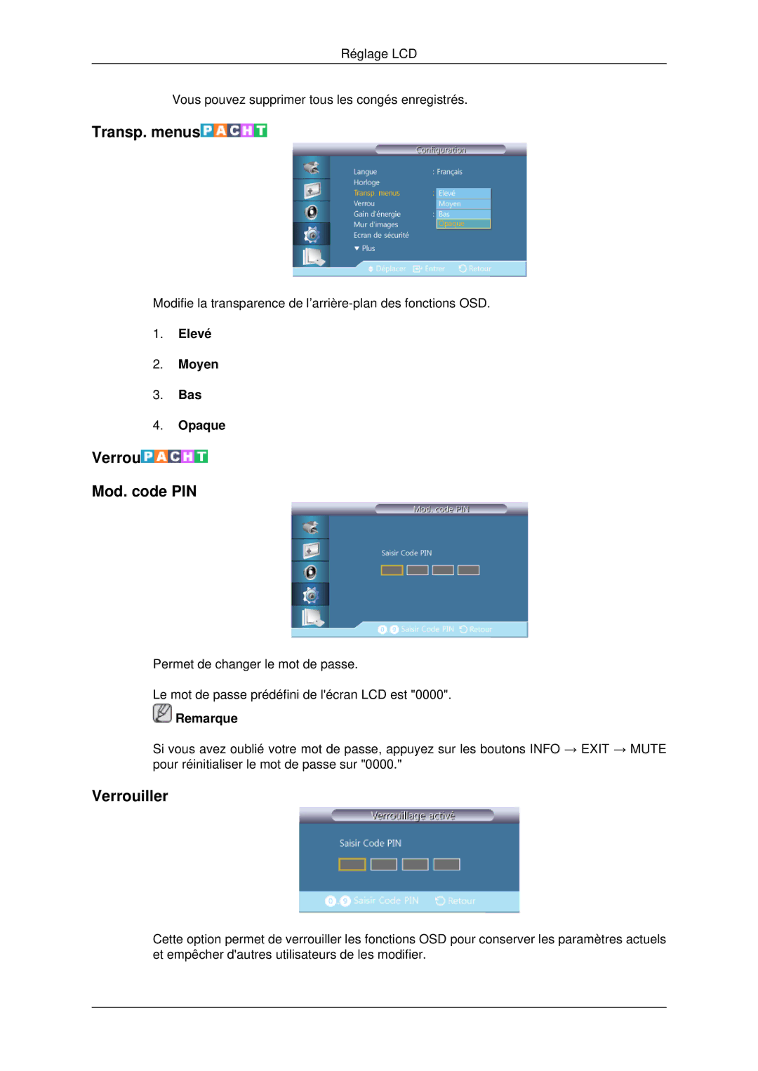 Samsung LH70CSBPLBC/EN manual Transp. menus, Verrou Mod. code PIN, Verrouiller, Elevé Moyen Bas Opaque 