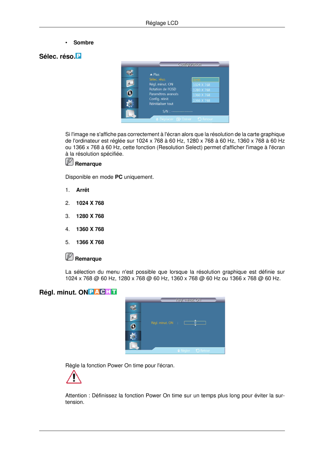 Samsung LH70CSBPLBC/EN manual Sélec. réso, Régl. minut. on, Sombre, Arrêt 1024 X 1280 X 1360 X 1366 X Remarque 