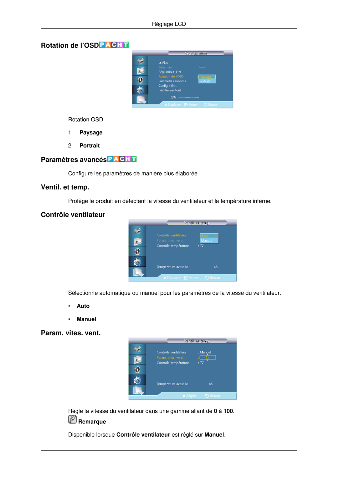 Samsung LH70CSBPLBC/EN Rotation de l’OSD, Paramètres avancés, Ventil. et temp, Contrôle ventilateur, Param. vites. vent 