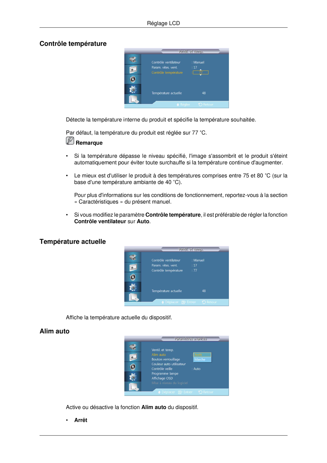 Samsung LH70CSBPLBC/EN manual Contrôle température, Température actuelle, Alim auto, Arrêt 