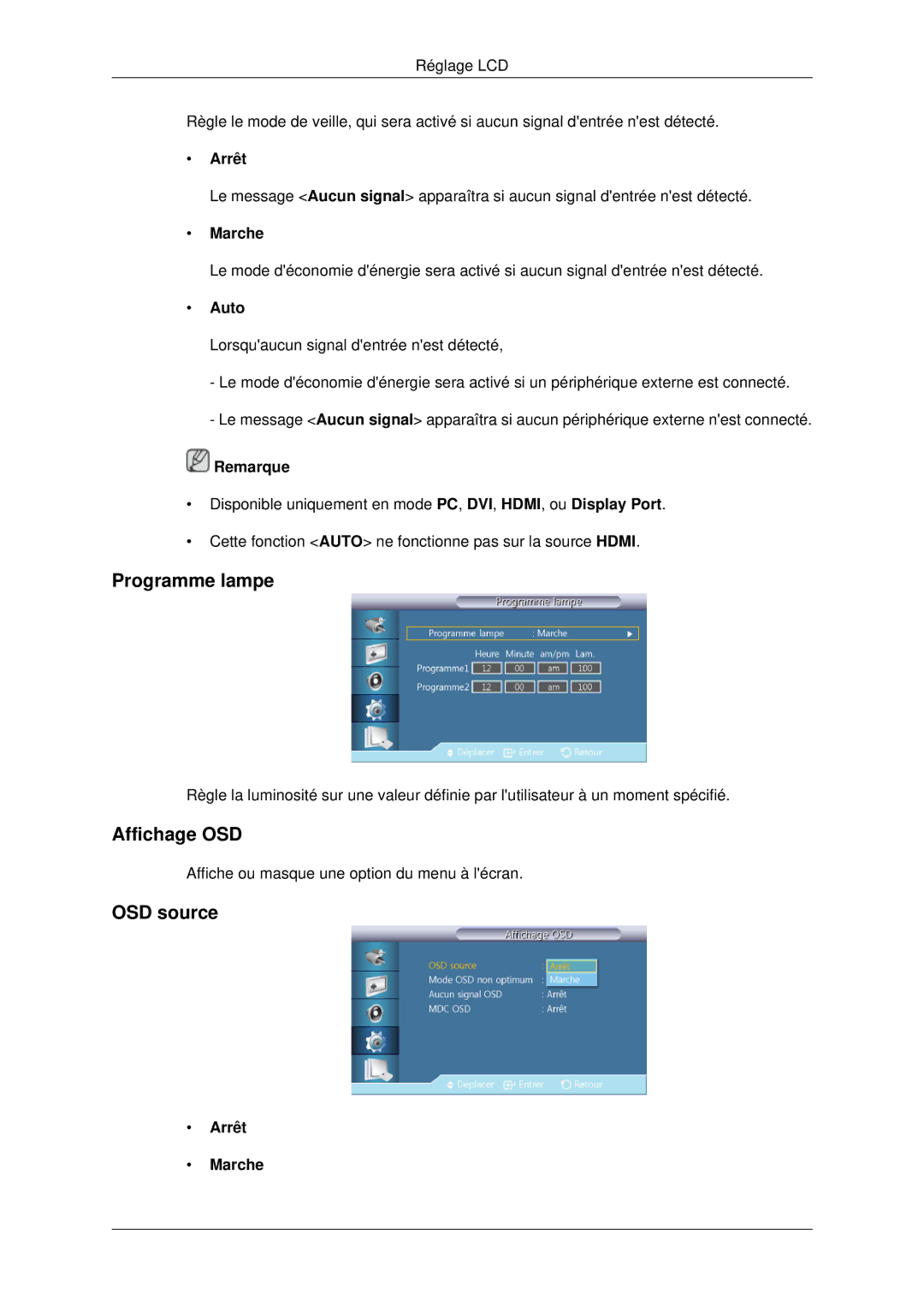 Samsung LH70CSBPLBC/EN manual Programme lampe, Affichage OSD, OSD source, Auto 